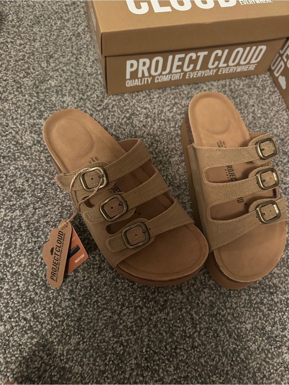 Project Cloud Triple-Buckle Tan Suede Slide Sandals